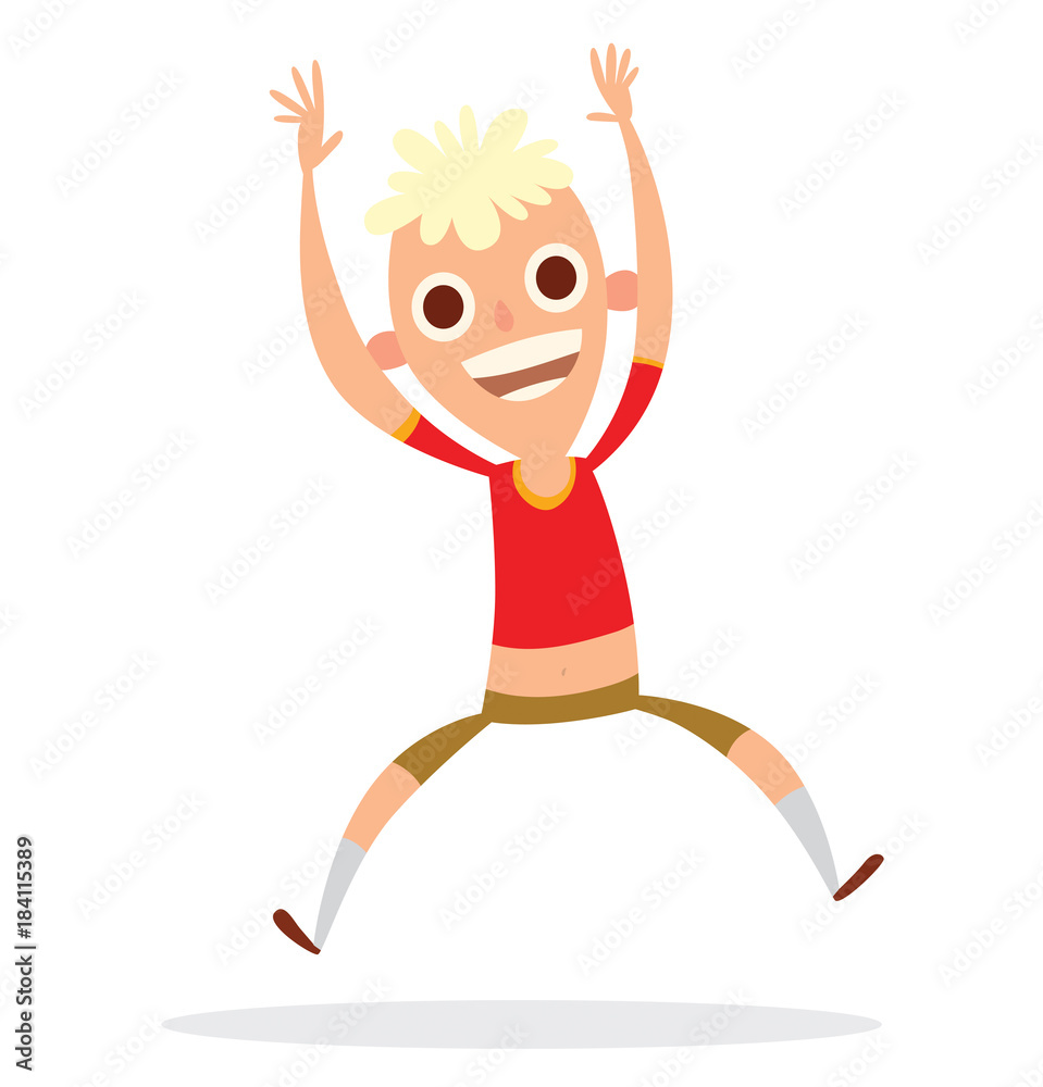 Vector cartoon image of a funny boy with big eyes, with blond curly hair in brown shorts and red shirt jumping and smiling on a white background. Vector illustration. Vector cartoon image of a funny boy with big eyes, with blond curly hair in brown shorts and red shirt jumping and smiling on a white background. Vector illustration.