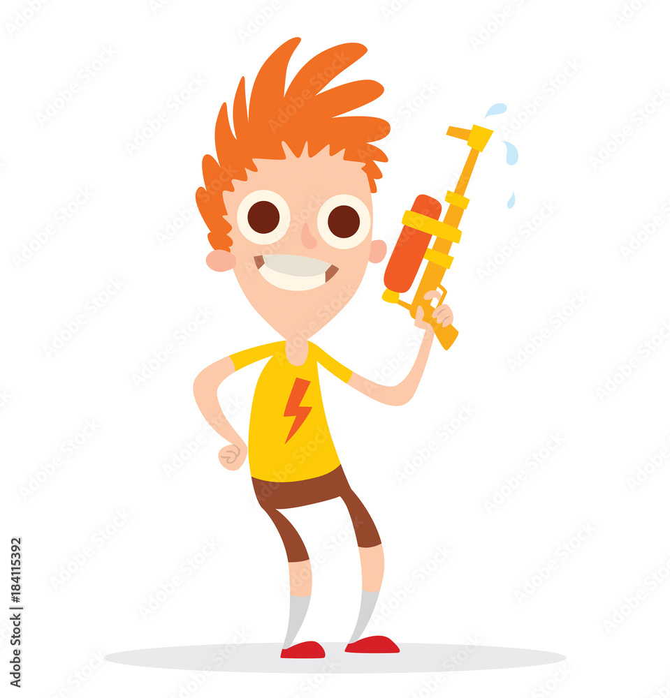 Vector cartoon image of a funny boy with big eyes, with ginger curly hair  in brown