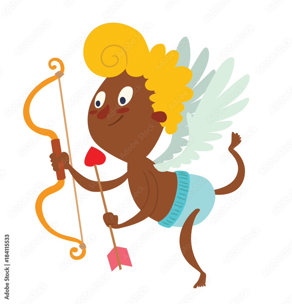 Cartoon image of cute little black cupid with yellow hair, light blue wings in blue panties flying with brown-red bow and arrow in his hands on a white background. Valentine's Day. Vector illustration Cartoon image of cute little black cupid with yellow hair, light blue wings in blue panties flying with brown-red bow and arrow in his hands on a white background. Valentine's Day. Vector illustration