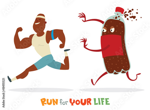 Vector cartoon image of black bald man in white t-shirt blue shorts runaway from huge colored bottle of sweet fizzy drink on white background. In the theme of a healthy lifestyle. Vector illustration.