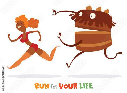 Vector cartoon image of tanned girl with ginger hair in pink tank top and shorts runaway from huge chocolate brown cake on white background. In the theme of a healthy lifestyle. Vector illustration.