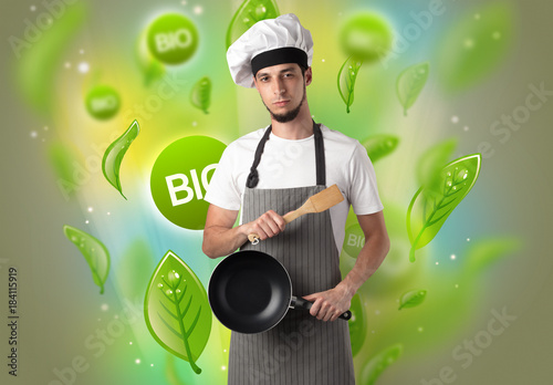 Bio leaves concept and cook portrait