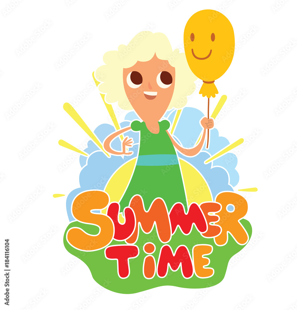 Vector cartoon image of funny girl with blonde hair with a balloon in hand standing on the background of yellow sun with blue clouds, behind the colored lettering Vector cartoon image of funny girl with blonde hair with a balloon in hand standing on the background of yellow sun with blue clouds, behind the colored lettering