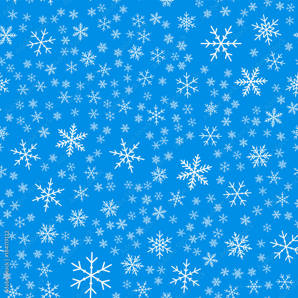 Light blue snowflakes seamless pattern on blue Christmas background. Chaotic scattered light blue snowflakes. Superb Christmas creative pattern. Vector illustration. Light blue snowflakes seamless pattern on blue Christmas background. Chaotic scattered light blue snowflakes. Superb Christmas creative pattern. Vector illustration.
