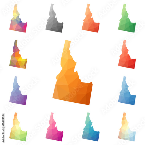 Idaho geometric polygonal, mosaic style US state maps collection. Bright abstract tessellation, low poly style, modern design. Idaho polygonal maps for your infographics or presentation.
