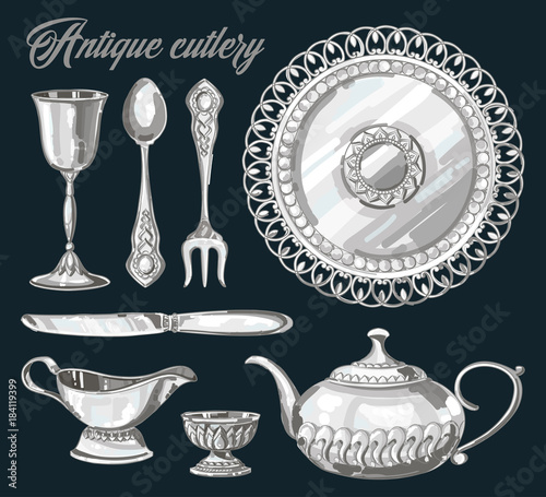 Hand drawn antique silver cutlery set