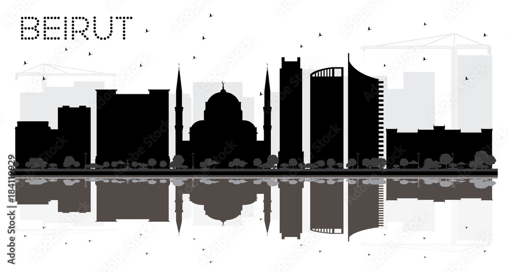 Beirut Lebanon City skyline black and white silhouette.