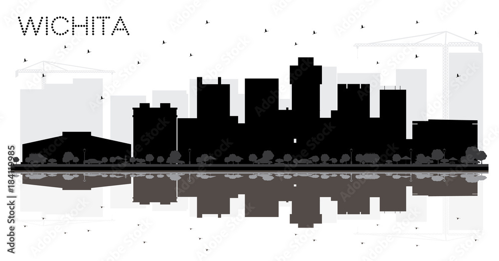 Wichita Kansas USA City skyline black and white silhouette.