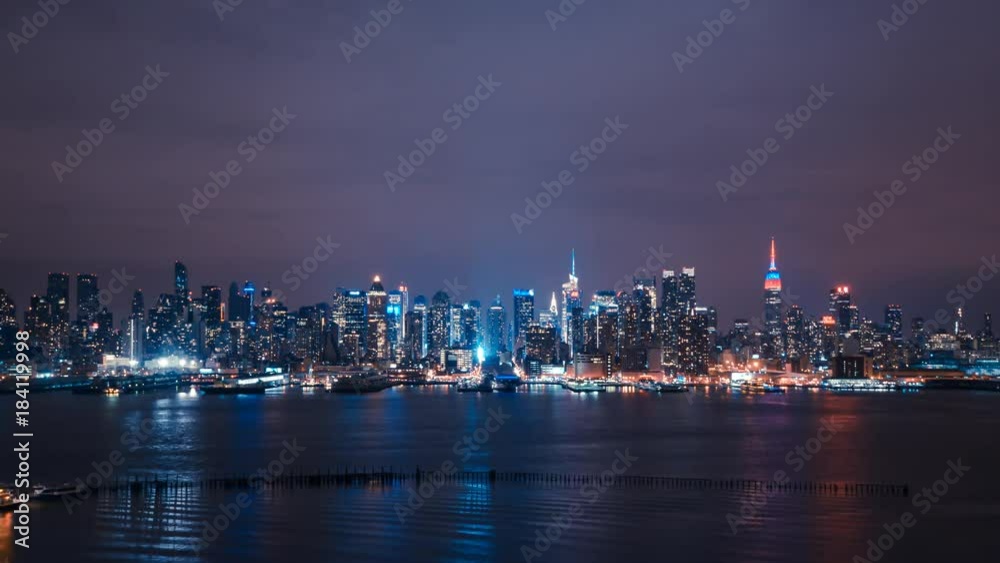 Timelapse. Skyscrapers Skyline of Manhattan at Night, New York, United States. Timelapse. Skyscrapers Skyline of Manhattan at Night, New York, United States.
