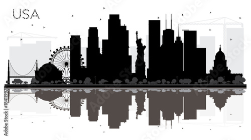 USA City skyline black and white silhouette with Reflections.