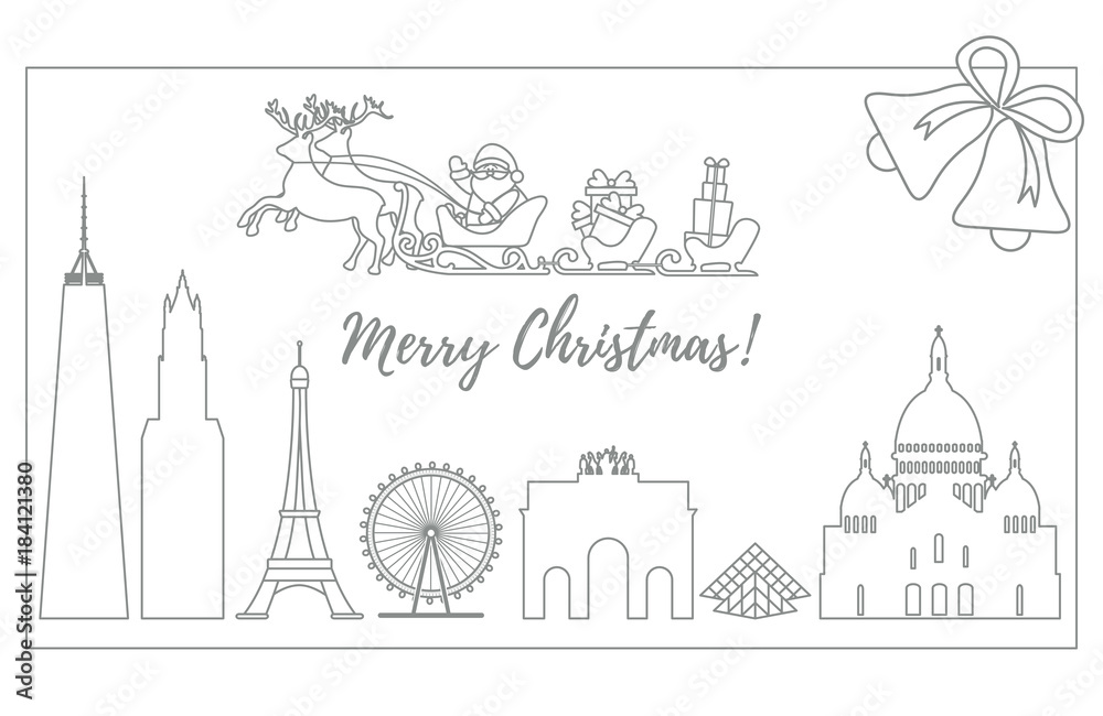 Santa Claus in sleigh flying over buildings. Santa Claus in sleigh flying over buildings.