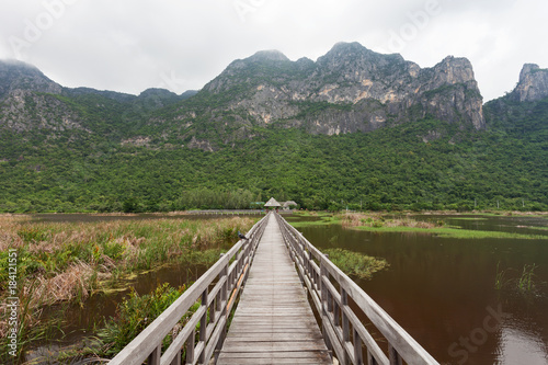 Wooden bridge for travel and see nature ecology at Khao Sam Roi Yot National Park, Prachuap Khiri Khan Thailand.