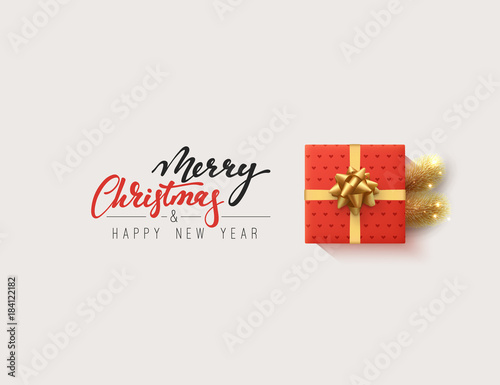 Vector illustration letttering Merry Christmas, gift box closed wrapped ribbon with bow. Xmas greeting card, banner, poster.