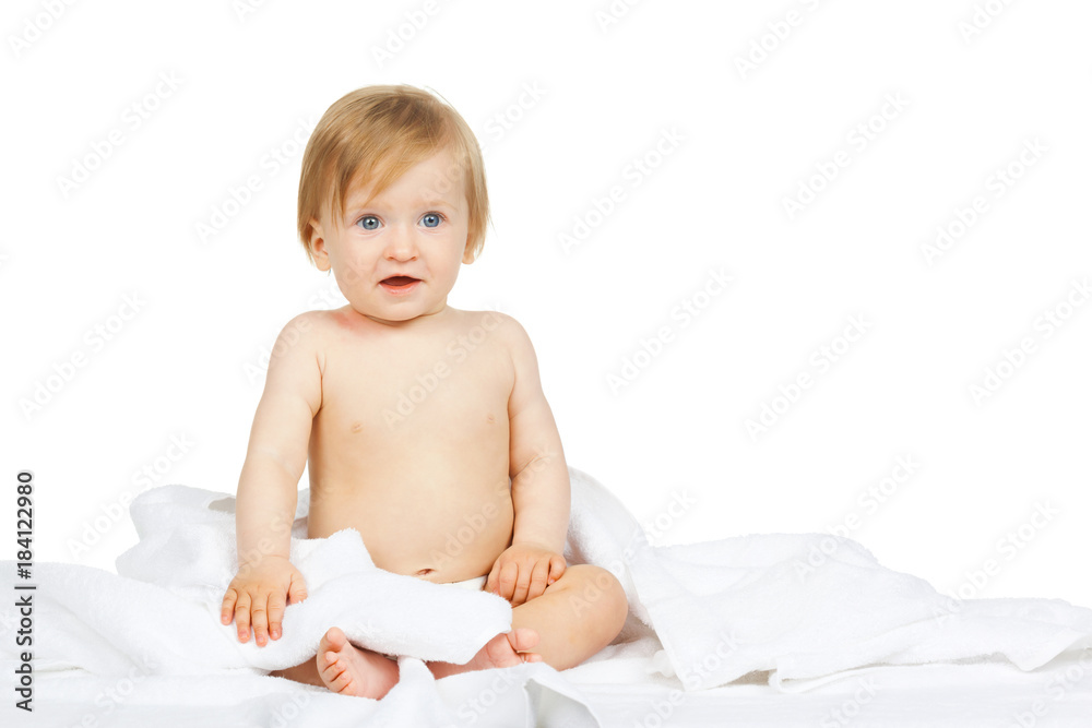 Caucasian baby covered with towel isolated on white background Caucasian baby covered with towel isolated on white background