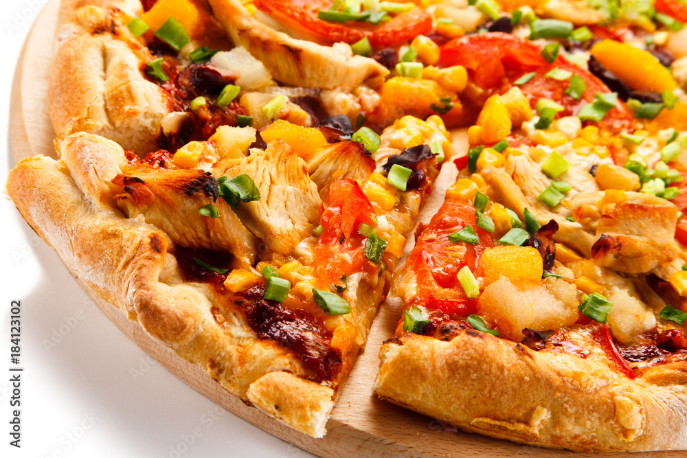 Pizza with chicken and vegetables on white background 