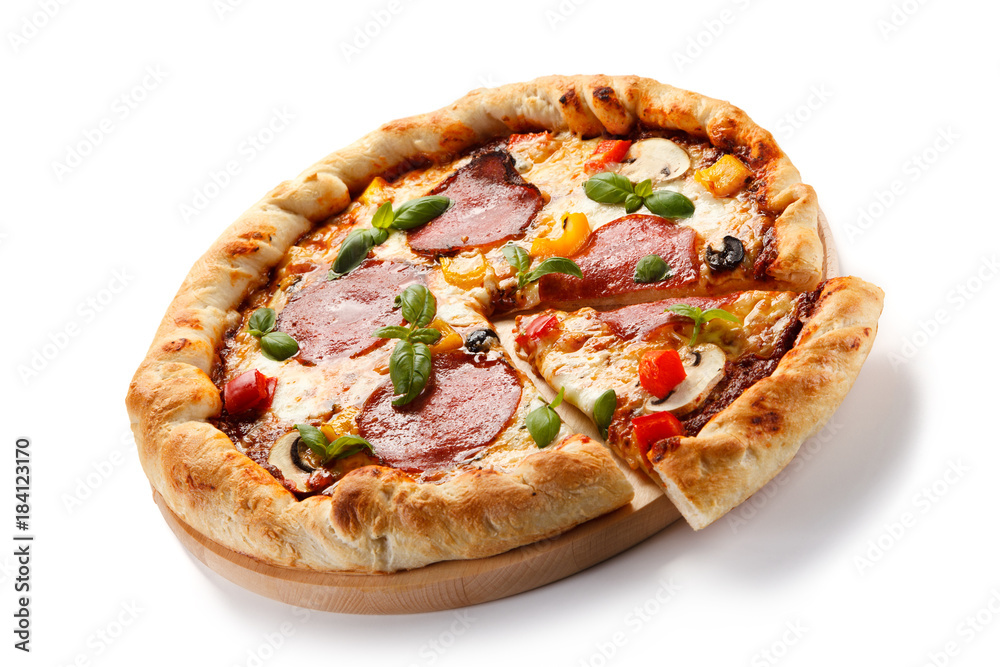 Pizza pepperoni with tomatoes, mushrooms and pepper 