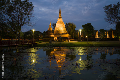 Evening twilight in the historical park of Sukhothai city. Thailand