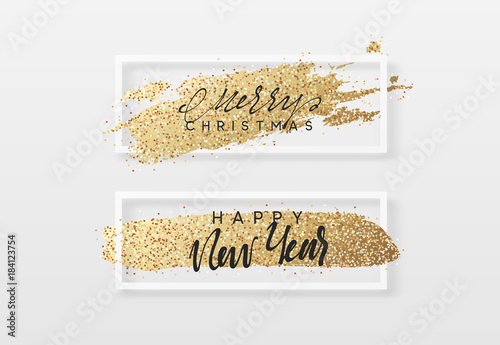 Merry Christmas and Happy New Year greeting card with gold glitter. Template for flyer, poster, banner and other design.