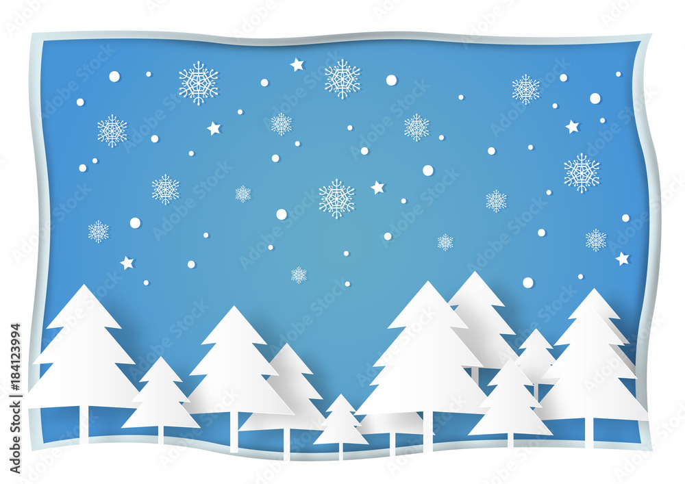 White Christmas tree,snow and snowflake on blue background, Christmas and Happy New Year vector illustration paper art style White Christmas tree,snow and snowflake on blue background, Christmas and Happy New Year vector illustration paper art style