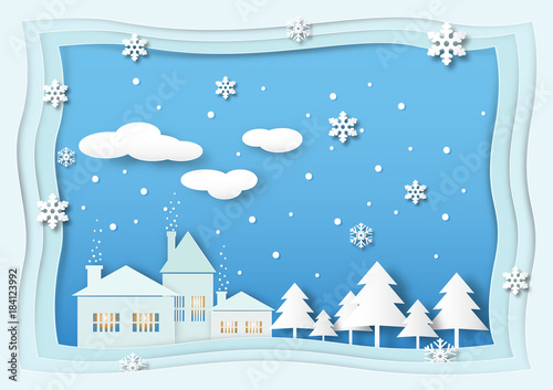 House with Christmas tree, snow,snowflake and cloud on blue sky,  Christmas and new year background vector illustration paper art style