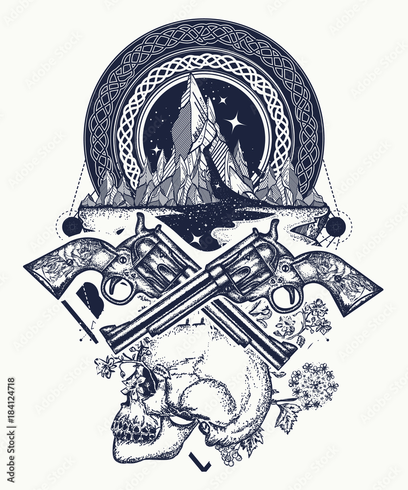 Wild west art. Symbol of wild west, robber, crime Texas t-shirt design.  Skull, guns and mountains crime tattoo and t-shirt design Stock Vector |  Adobe Stock