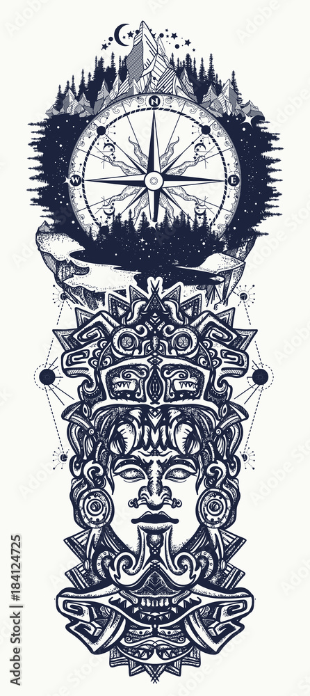 Mayan tattoo and t-shirt design. Ancient aztec totem, Mexican god. Ancient  Mayan civilization. Indian mayan carved in stone tattoo art Stock Vector |  Adobe Stock