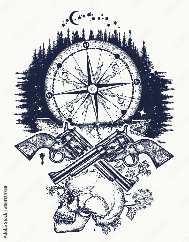 Skull, guns and compass crime tattoo and t-shirt design. Wild west art. Symbol of wild west, robber, crime Outdoors t-shirt design