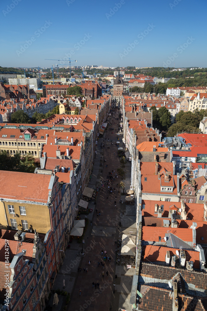 Long Lane street and old buildings at the Main Town (Old Town) in Gdansk, Poland, viewed from above on a sunny day in the summer.