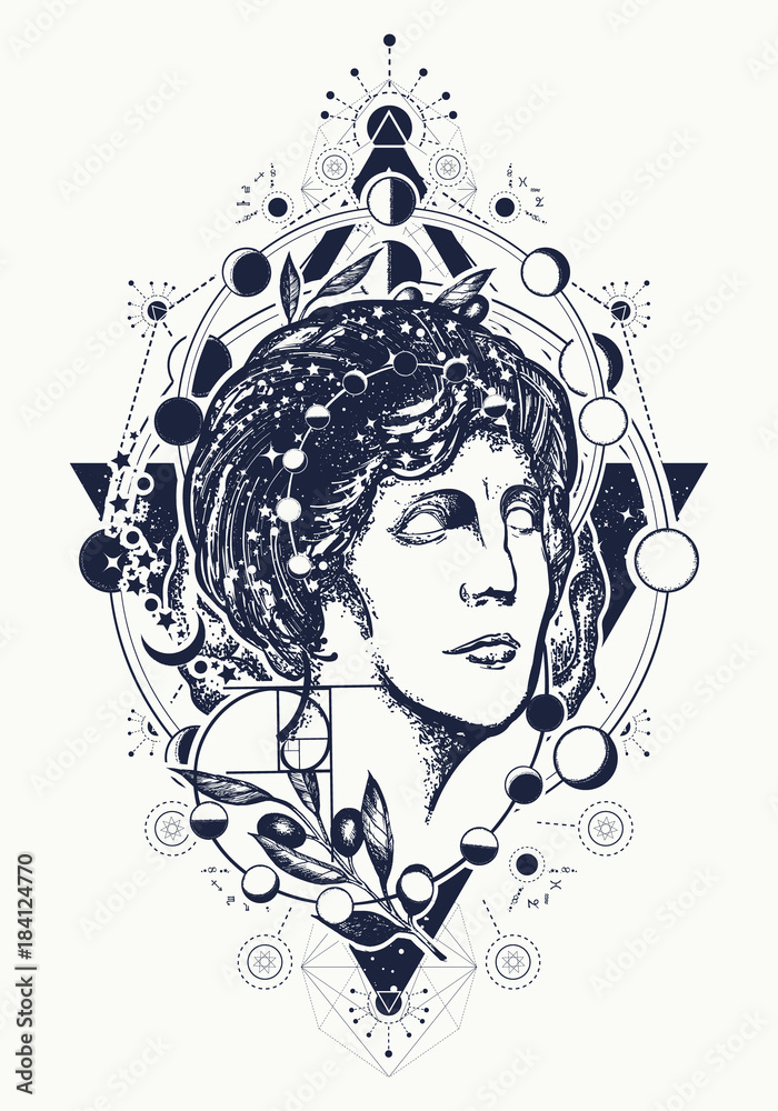 Magic woman goddess Aphrodite tattoo. Symbol of knowledge, poetry, science, philosophy, psychology. Scientist tattoo and t-shirt design. Science and education tattoo. Statue of Aphrodite Stock Vector
