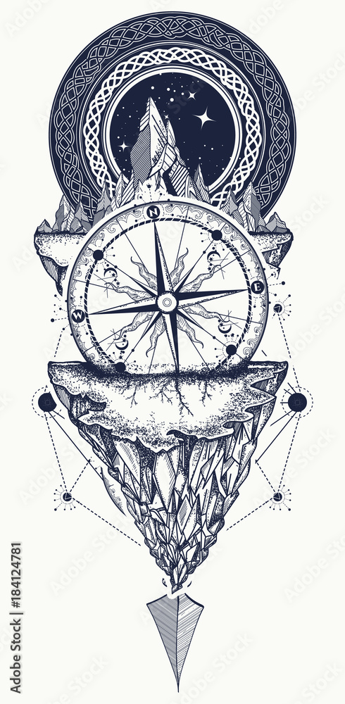 Mountains and antique compass tattoo art. Compass, arrows, mountains and  night forest boho style, t-shirt design. Adventure, travel, outdoors,  symbol Stock Vector | Adobe Stock