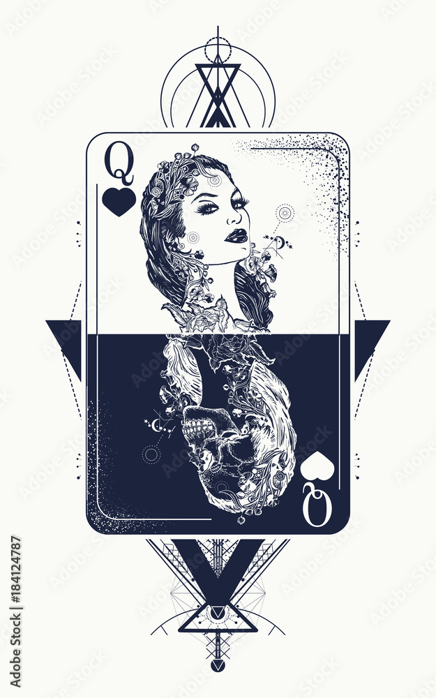 Queen playing card sacred geometry tattoo and t-shirt design. Tarot cards,  success and defeat, casino, poker tattoo. Beautiful girl and queen  skeleton, Gothic playing card. Symbol of gambling Stock Vector | Adobe