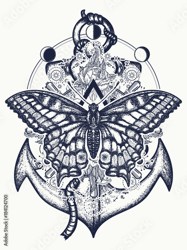 Anchor, roses flowers and butterfly, tattoo art. Symbol of freedom, marine adventure tourism. Slogan follow dreams. Vintage anchor and butterfly t-shirt design
