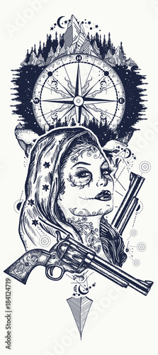 Mexican criminal tattoo art and t-shirt design. Wild west woman, compass and mountains tattoo. Santa muerte girl. Sugar Skull. Santa Muerte mexican woman, old revolvers, crime scene