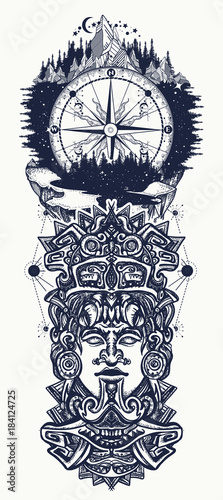 Ancient aztec totem, mountains and compass. Mexican god. Ancient Mayan civilization. Indian mayan carved in stone tattoo art. Mayan tattoo and t-shirt design