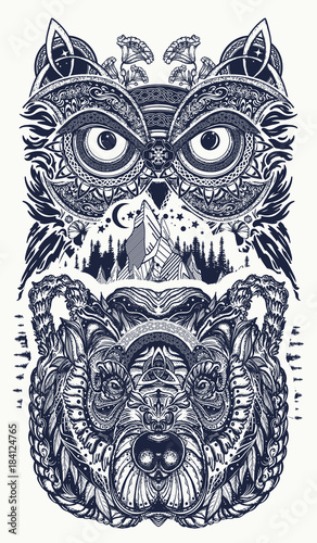 Owl and bear tattoo art. Owl, mountains in ethnic celtic style t-shirt design. Owl and tribal bear tattoo symbol of wisdom, meditation, thinking, tourism, adventure