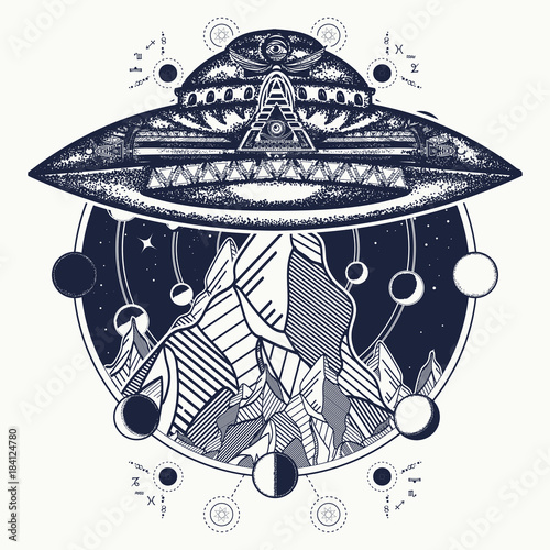 Ufo ship and mountains  tattoo art vector. Ufo outdoors.