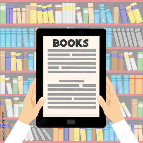 Electronic book in hands and the books on the shelves.