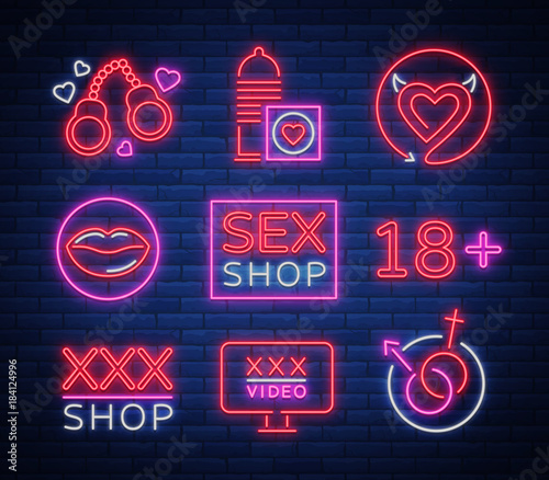 Sex shop set of logos, signs, symbols in neon style. Collection of emblems. Shop for adults, intimate things. Vector illustration. Bright night banner, luminous sign, night sex advertising shop