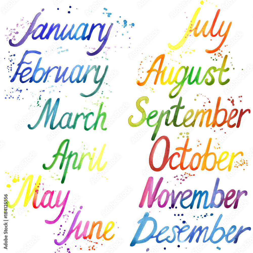 Watercolor handwritten calligraphy words for calendar months