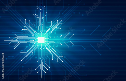 Abstract digital illustration of microchip board on snowflake shape on blue background. Technology concept image. Happy new year and merry christmas card.