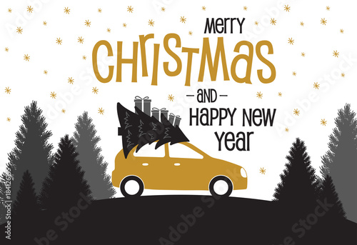 Christmas card with car and christmas trees and gifts. Greeting card