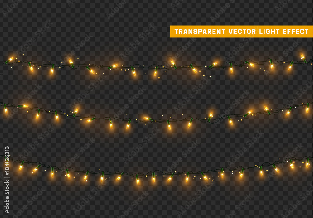 Christmas lights isolated realistic design elements. Xmas glowing lights. Garlands, Christmas decorations.