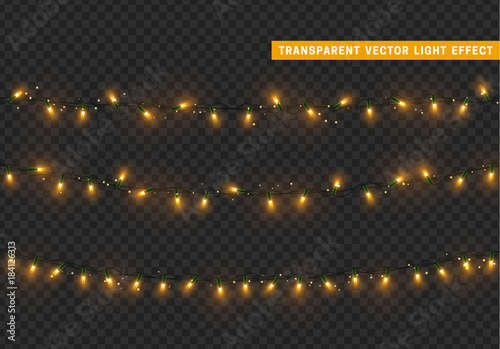 Christmas lights isolated realistic design elements. Xmas glowing lights. Garlands, Christmas decorations.