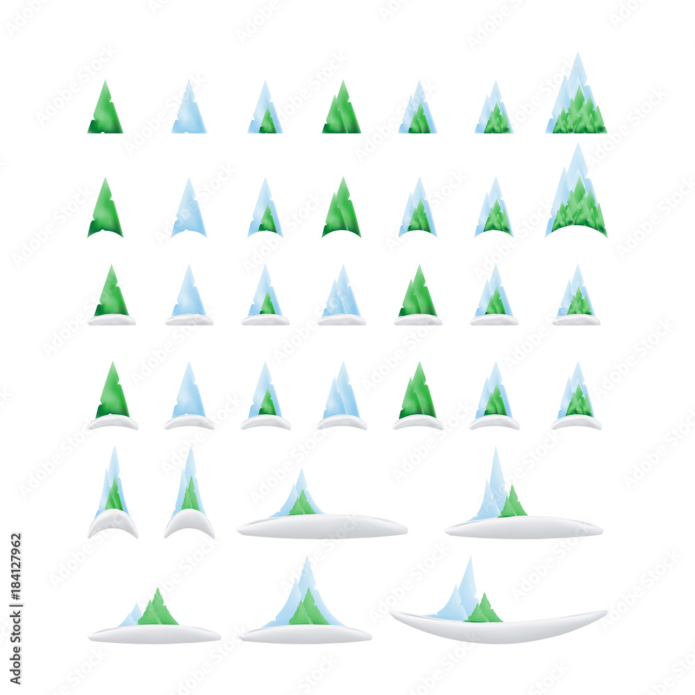 Set of green trees and mountains in the snow in a gradient for christmas and new year. Vector elements isolated on white background Set of green trees and mountains in the snow in a gradient for christmas and new year. Vector elements isolated on white background
