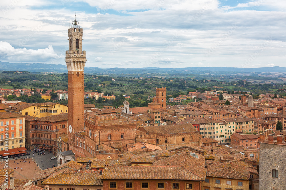 Siena,  View of the Old Town - Piazza del Campo, Palazzo Pubblico di Siena, Torre del Mangia. Tuscany, Italy.