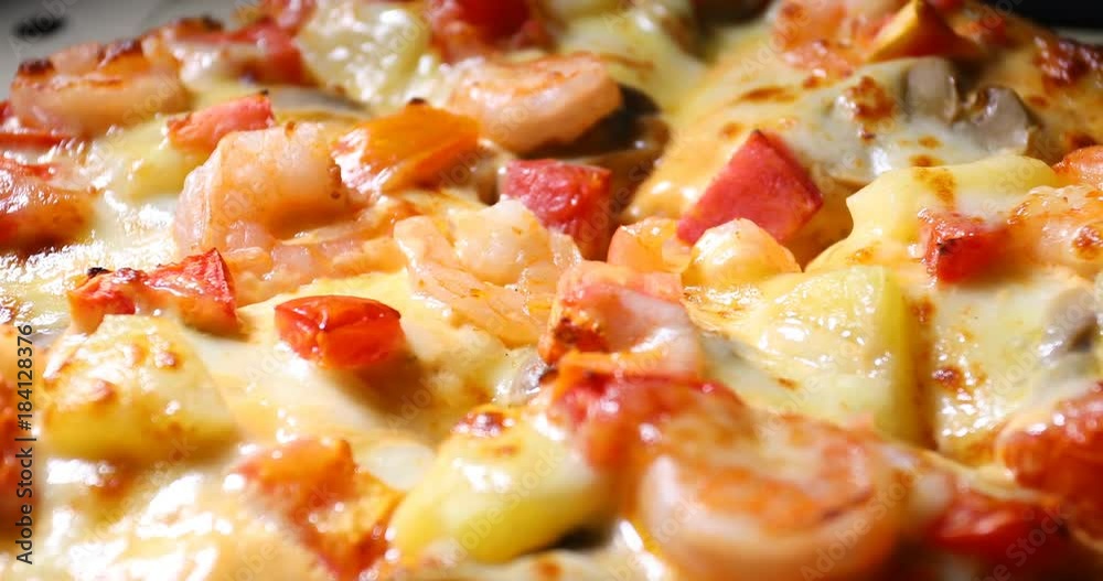 pizza cheese with topping of shrimp and tomato pizza cheese with topping of shrimp and tomato