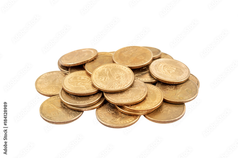 Heap of american one dollar coins on white background. Heap of american one dollar coins on white background.
