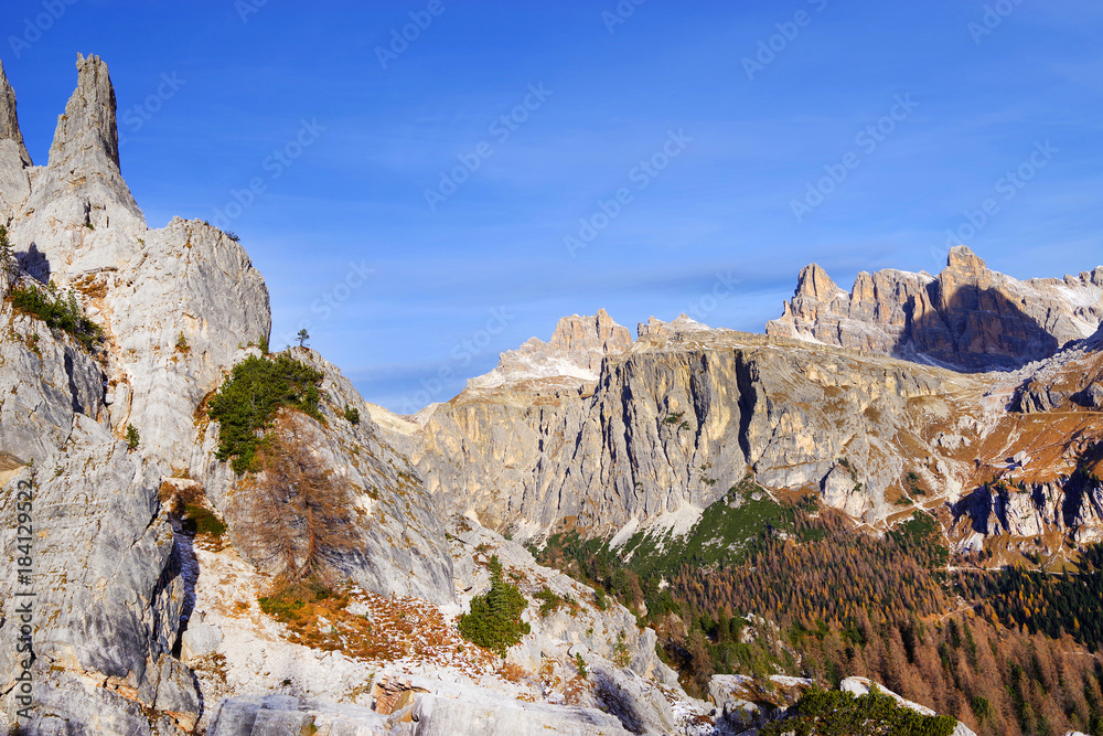 Autumn light landscape in the Dolomites, Italy, Europe