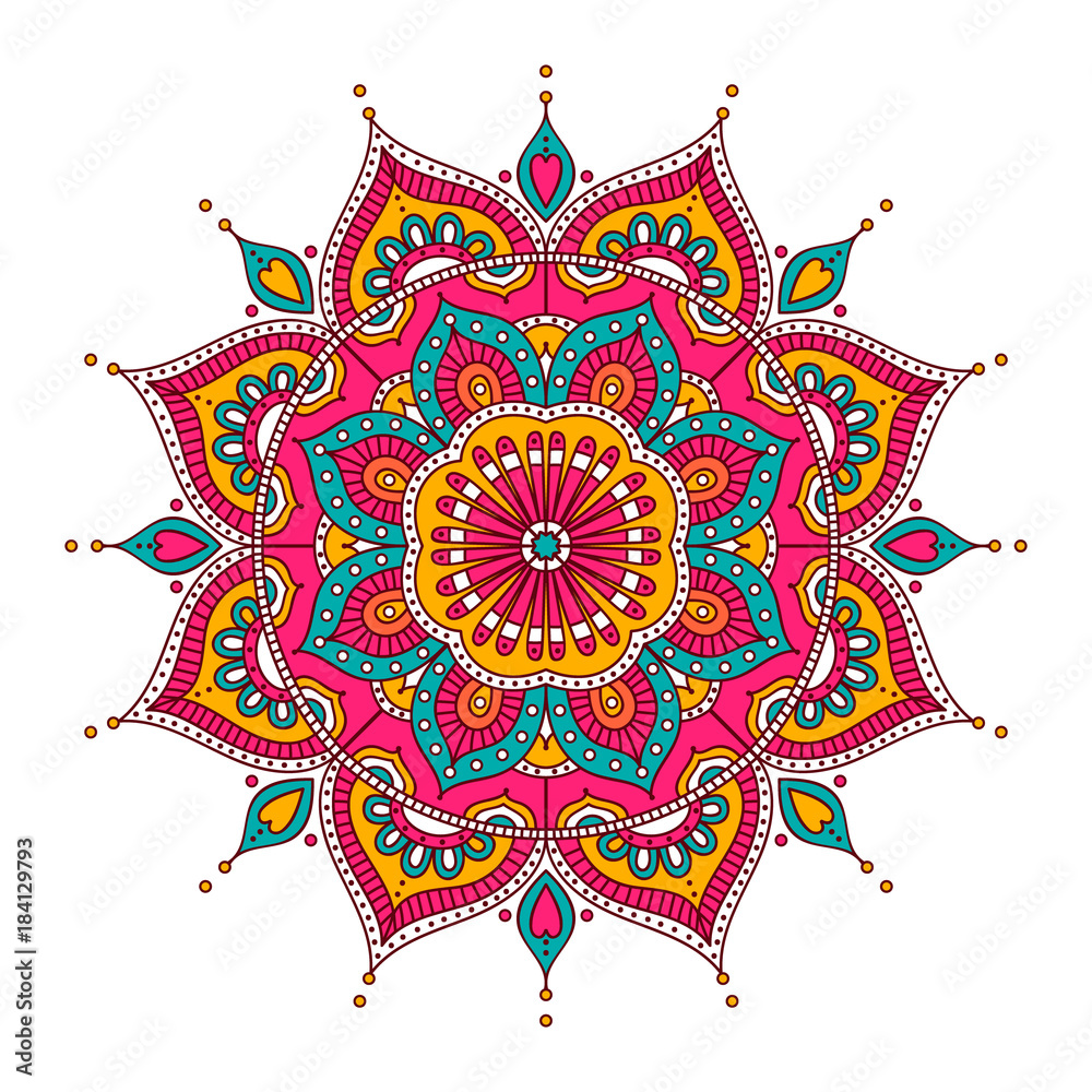Fototapeta premium Vector hand drawn doodle mandala. Ethnic mandala with colorful tribal ornament. Isolated. On white background.