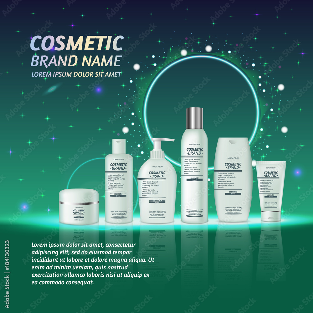 3D realistic cosmetic bottle ads template. Cosmetic brand advertising concept design with glitters and sparkles abstract sky background